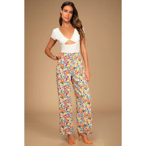 Lulus Paradise Perfection Multi Tropical Print Wide-leg Pants Blue - Size M